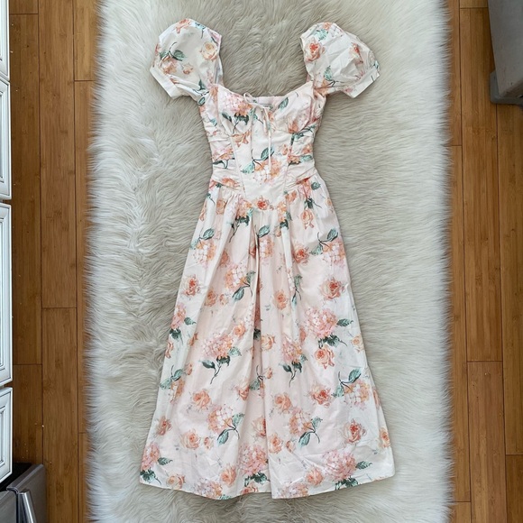 House of CB Lulabell Peach Floral Cotton Puff Sleeve Midi Dress Corset Back A-C - Picture 3 of 15